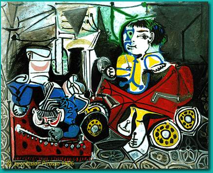 Picasso Claude and Paloma playing 1950